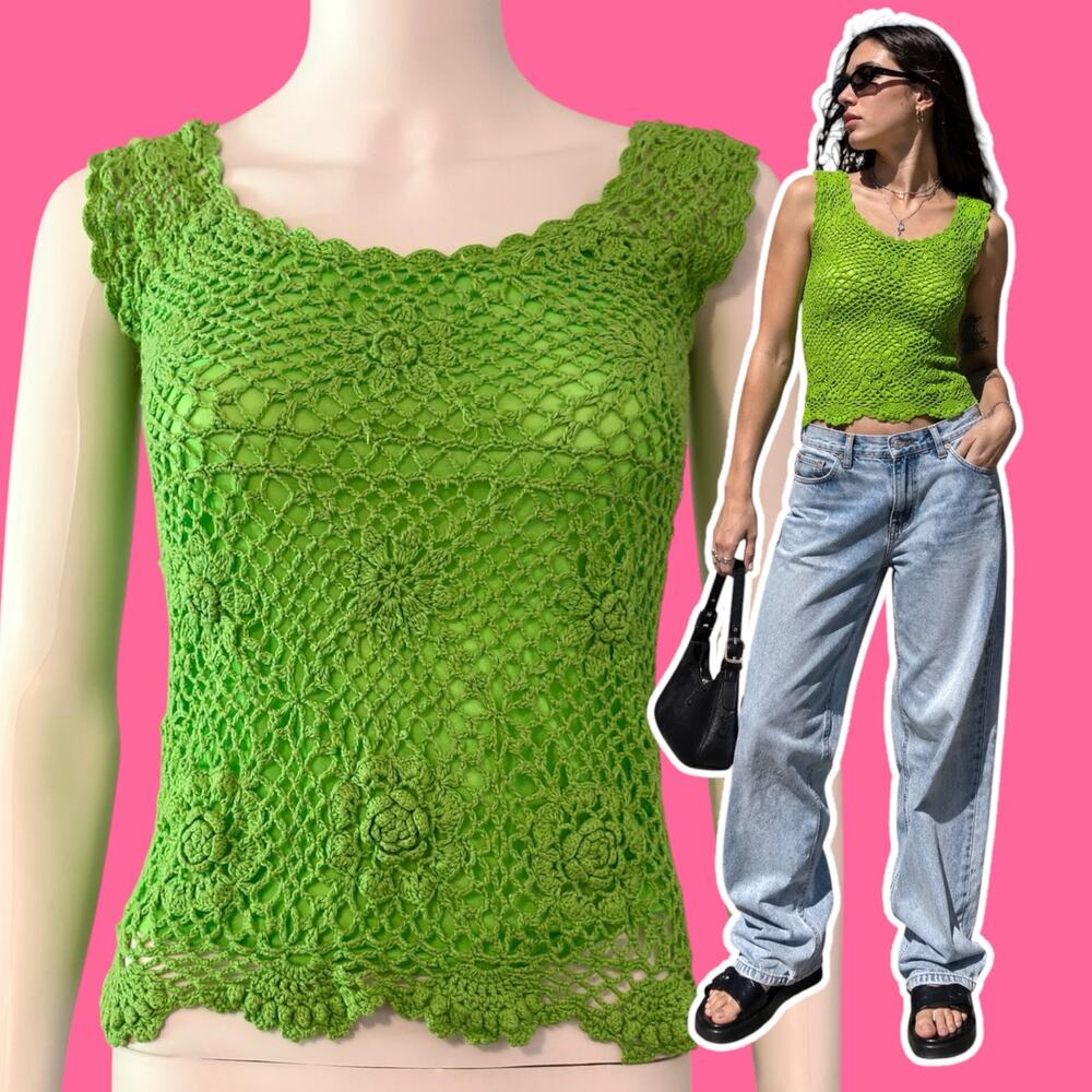 Y2K Heart Throb Lime Green Crochet Tank Top Floral Mesh Fairy Grunge Boho Medium
